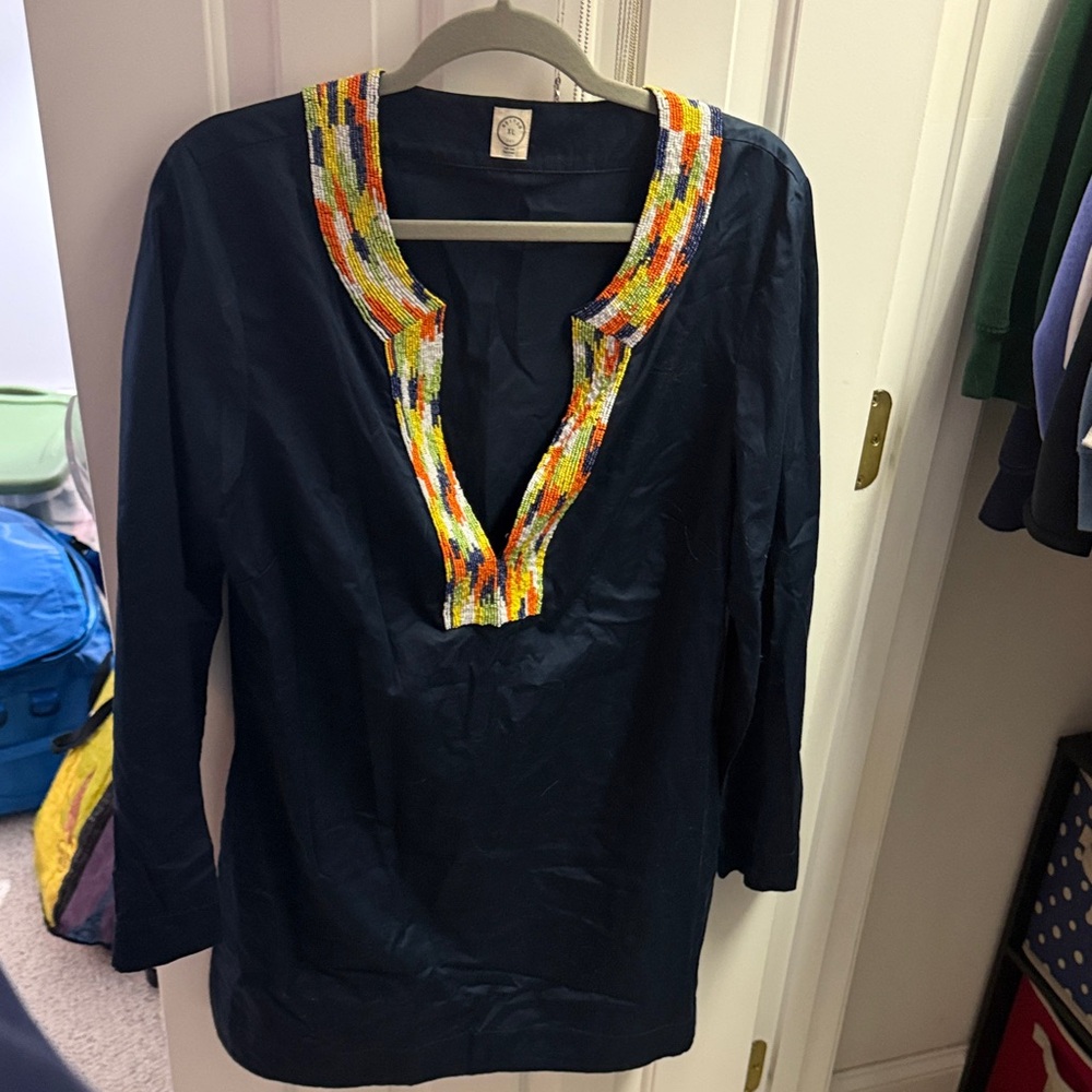 Chic Navy Tunic with Colorful Embellishments